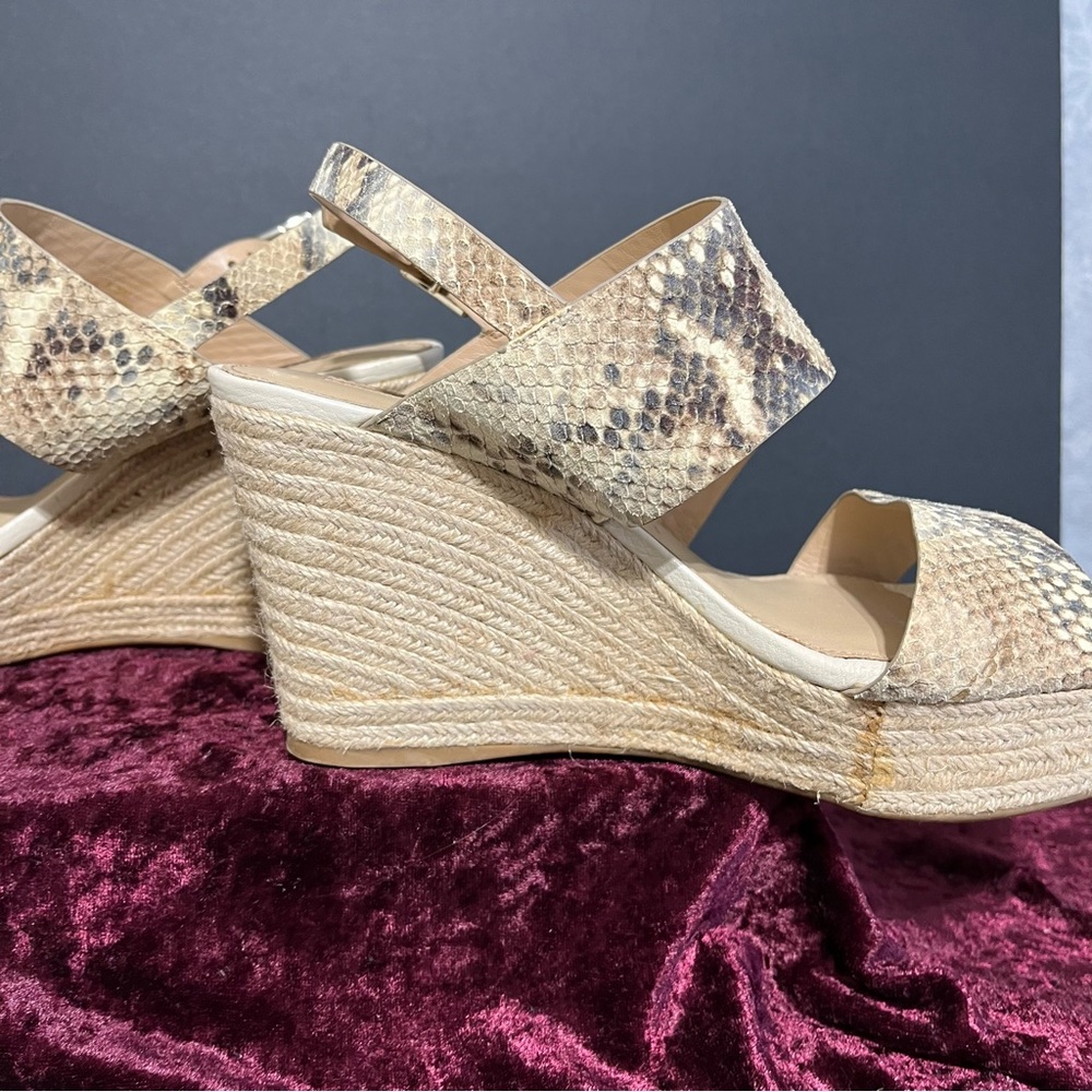 Antonio Melani raffia and snake design strappy wedges 8 1/2 M leather uppers.